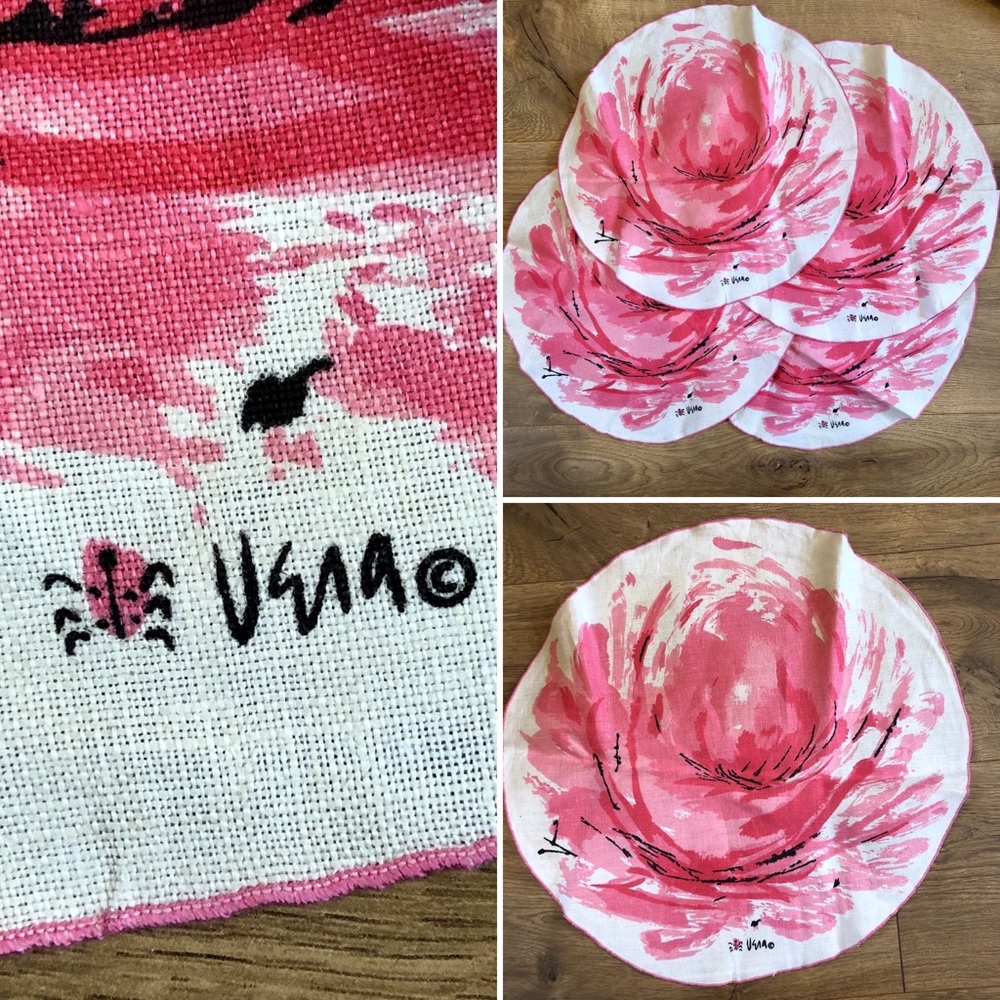 Vintage Vera Neumann Set 4 Cloth Napkins Pink Peony Round approx 16” diameter